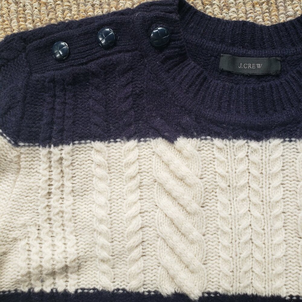 Cable Knit Striped Wool Sweater Women's Small Navy Blue J. Crew Preppy Nautical
